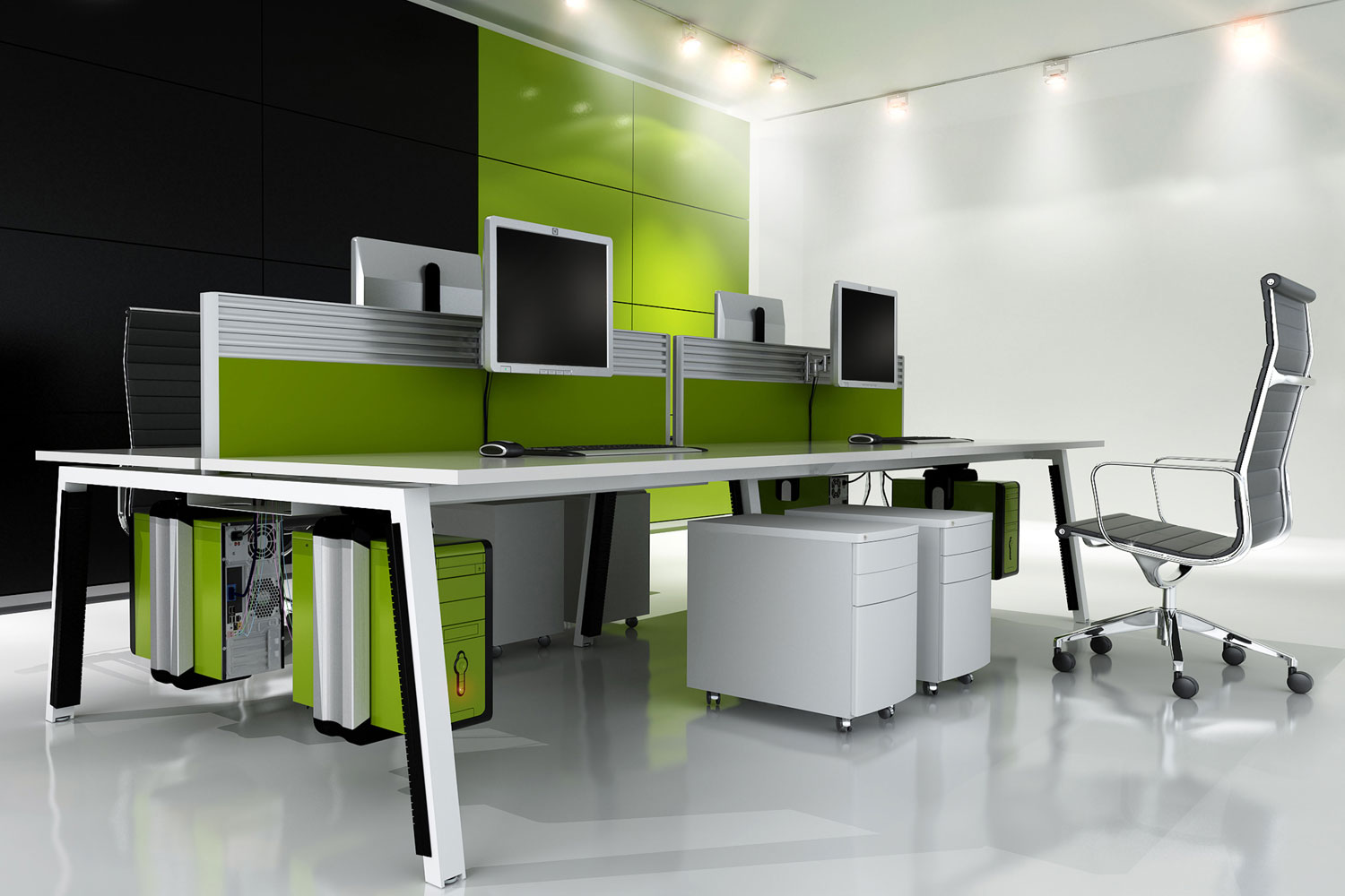 Green and black themed office interior with contemporary furniture