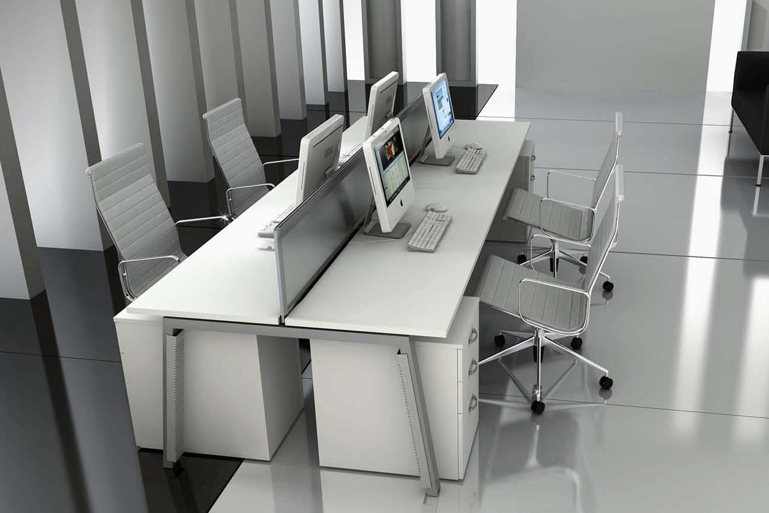 Grey themed office interior with contemporary tiling and white desks